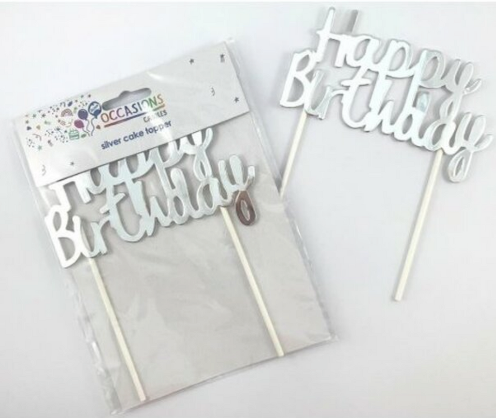 Cardboard Silver Happy Birthday Cake Topper